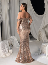 Plus Off Shoulder Mermaid Hem Sequin Evening Dress with Side Slit